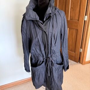 Tahari Navy Hooded Jacket with Quilted Trim